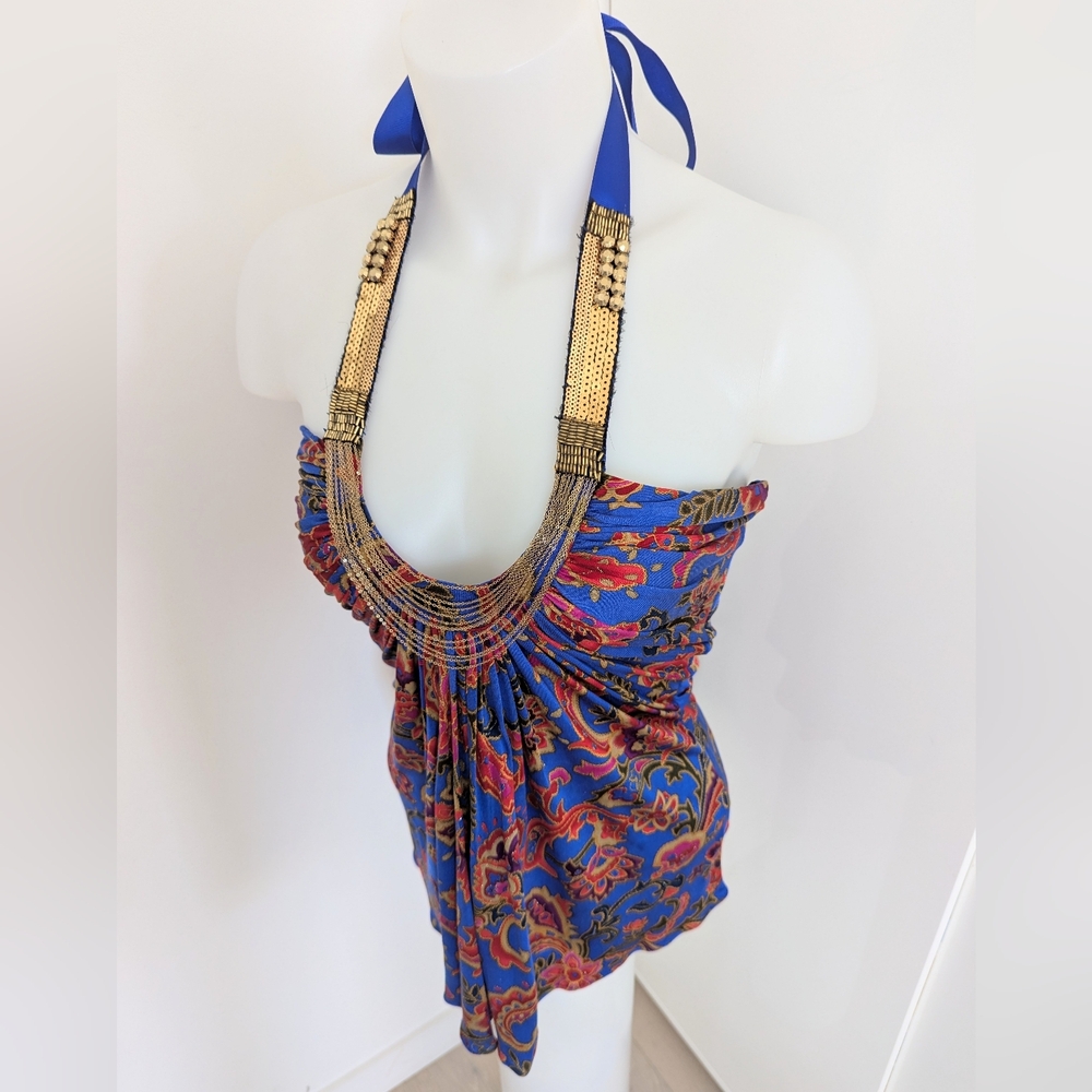 SKY NWT Jaydee Paisley Silk Halter Top With Bead And Chain Embellishment; Size M